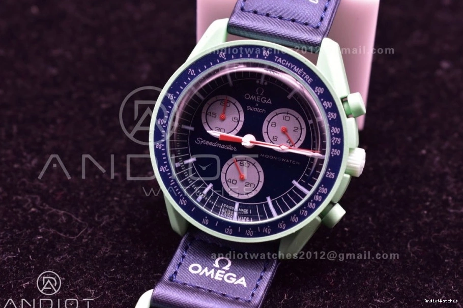 WeatherProof Earth Moonwatch x Swatch on Quartz to Omega Nylon Mission 1181 Strap Bioceramic 1002